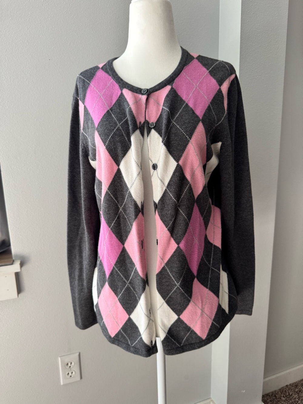 Y2K Karen Scott grey pink argyle cardigan 100% cotton barbiecore size medium - Picture 2 of 5